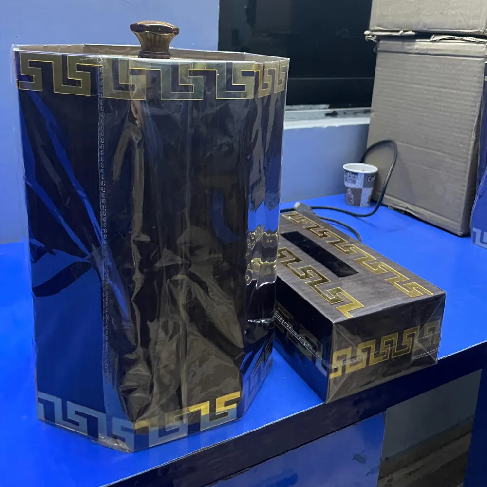 Multi Purpose Duarable Room Versace Design Round Dustbin With Tissue Box